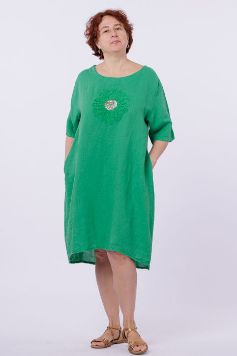 Rochie midi din in cu floare din paiete pe piept, verde