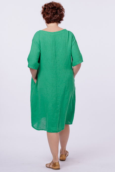 Rochie midi din in cu floare din paiete pe piept, verde [3]