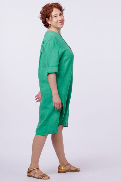 Rochie tunica din in verde, cu nasture metalic decorativ [2]