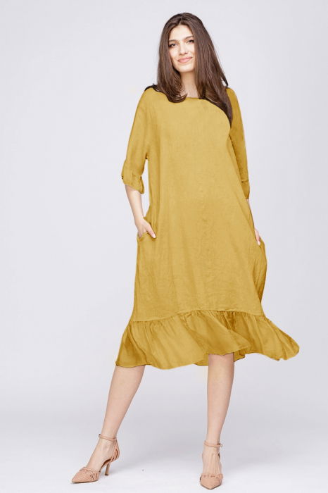 Rochie midi din in galbena cu volane din matase si funda pe spate [2]