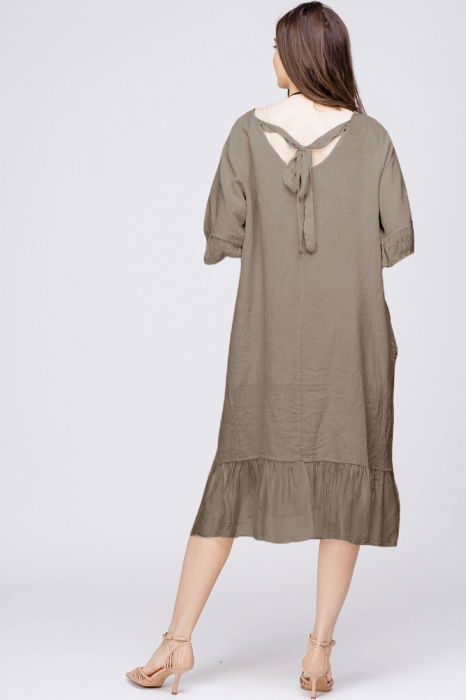 Rochie midi din in bej fango cu volane din matase si funda pe spate [3]