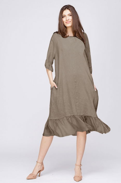 Rochie midi din in bej fango cu volane din matase si funda pe spate [2]