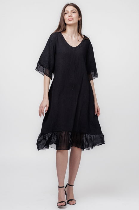 Rochie din in neagra cu volane din matase si snur in talie [3]