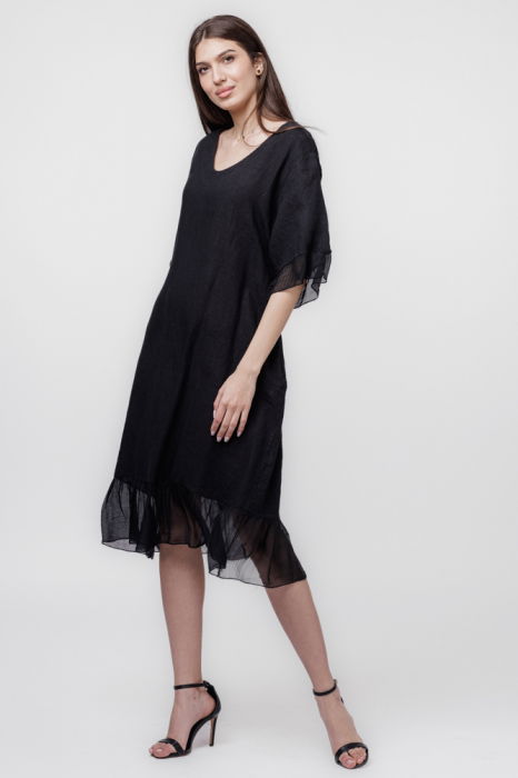 Rochie din in neagra cu volane din matase si snur in talie [2]