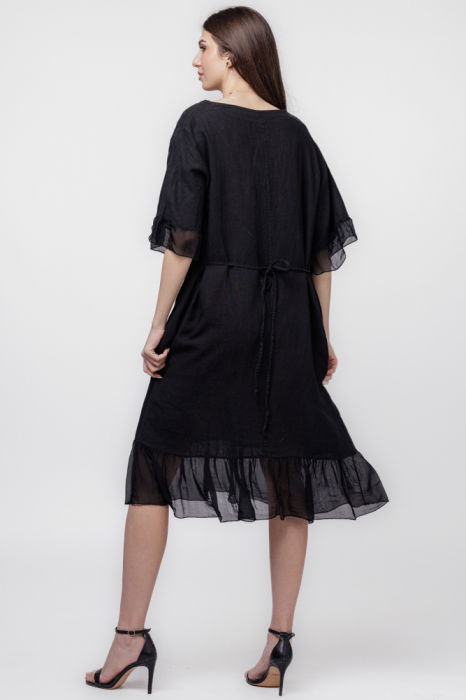 Rochie din in neagra cu volane din matase si snur in talie [4]