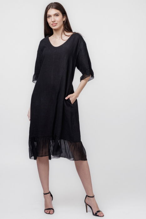 Rochie din in neagra cu volane din matase si snur in talie