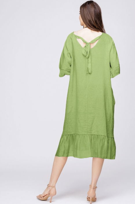 Rochie midi din in verde olive cu volane din matase si funda pe spate [3]