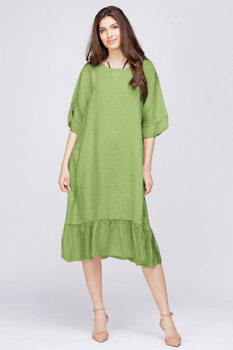 Rochie midi din in verde olive cu volane din matase si funda pe spate [2]