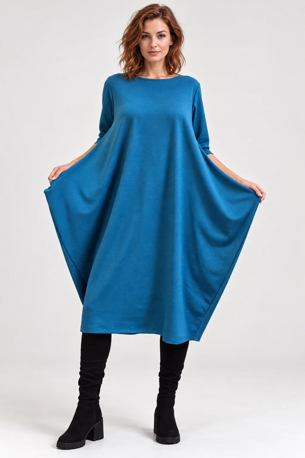 Rochie midi din jerseu de vascoza cu colturi laterale, croi cocon, turcoaz