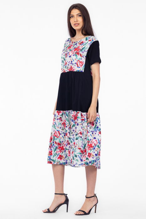 Rochie neagra cu platca si doua volane, imprimeu trandafiri, din bumbac [2]