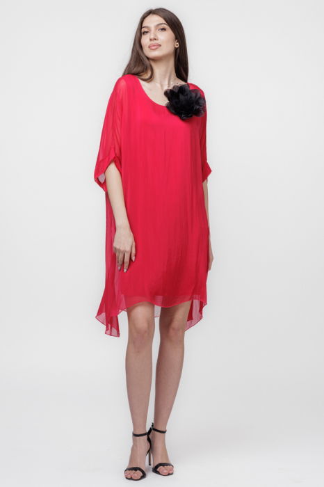 Rochie midi, dreapta, din matase si vascoza, cu funda pe spate, fucsia intens