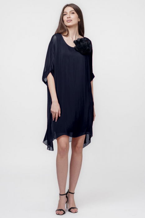 Rochie midi, dreapta, din matase si vascoza, cu funda pe spate, bleumarin