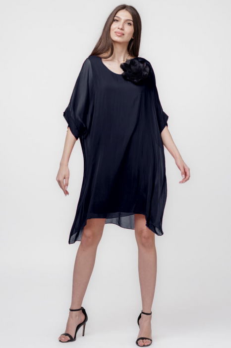 Rochie midi, dreapta, din matase si vascoza, cu funda pe spate, bleumarin [2]