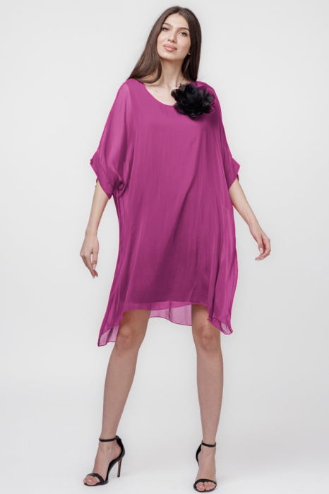 Rochie midi, dreapta, din matase si vascoza, cu funda pe spate, mov zmeura
