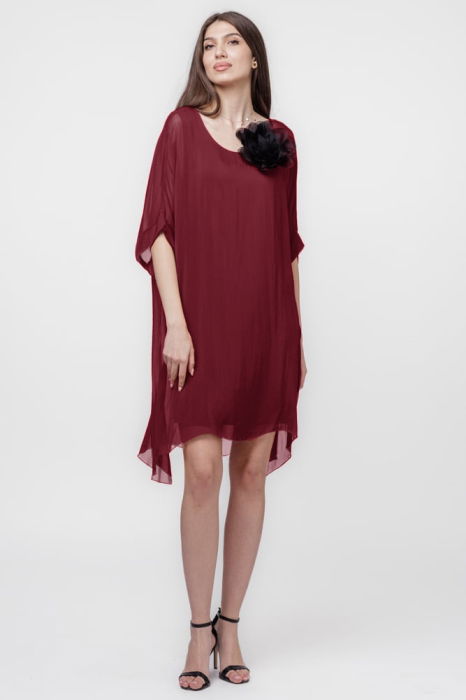 Rochie midi, dreapta, din matase si vascoza, cu funda pe spate, bordo