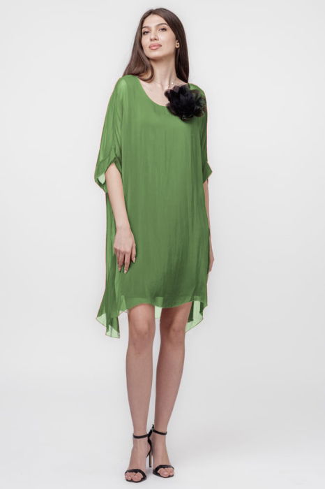 Rochie midi, dreapta, din matase si vascoza, cu funda pe spate, verde oliv