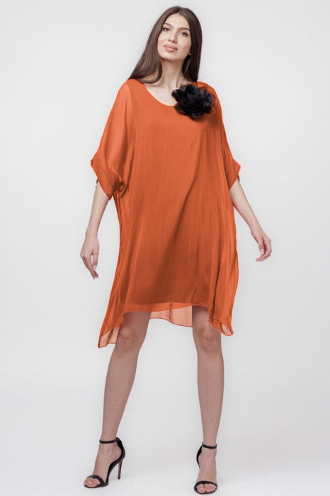 Rochie midi, dreapta, din matase si vascoza, cu funda pe spate, caramizie [2]