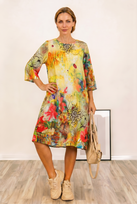 Rochie midi, dreapta, din vascoza fina, cu imprimeu pictural predominant galben