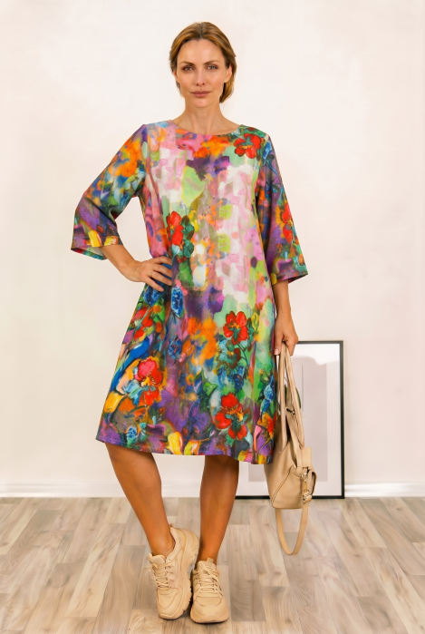 Rochie midi, dreapta, din vascoza fina, cu imprimeu pictural predominant mov