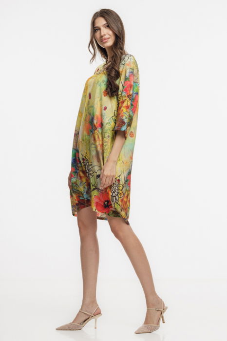 Rochie midi, dreapta, din vascoza fina, cu imprimeu pictural predominant galben [3]