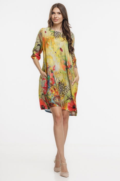 Rochie midi, dreapta, din vascoza fina, cu imprimeu pictural predominant galben [2]
