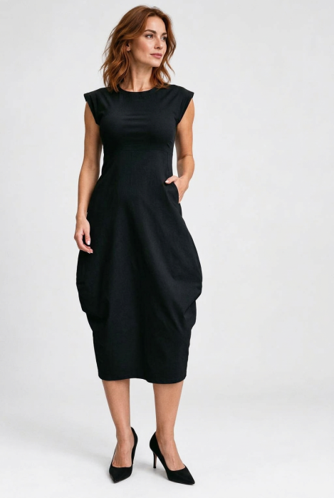 Rochie midi elastica cu croi lalea si buzunare laterale, neagra