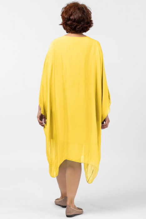 Rochie midi galbena, ampla, din matase si vascoza, cu detaliu sub bust, in colturi [3]