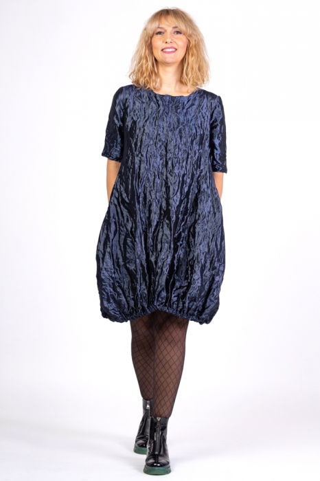 Rochie midi gogosar din tafta cu memorie, albastru metalizat