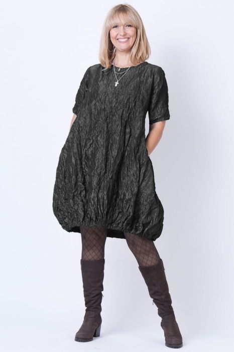 Rochie midi gogosar din tafta cu memorie, gri inchis metalizat [2]