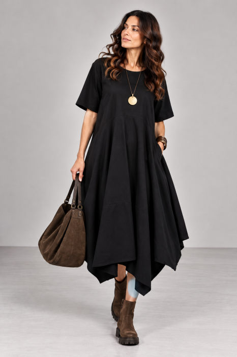 Rochie midi lejera oversize din vascoza, cu croi amplu si colturi, neagra