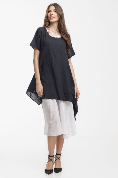 Rochie lejera din bumbac cu doua straturi si croi asimetric, alb-negru