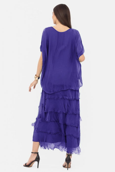 Rochie mov din matase si vascoza cu  volane franjurate suprapuse [3]