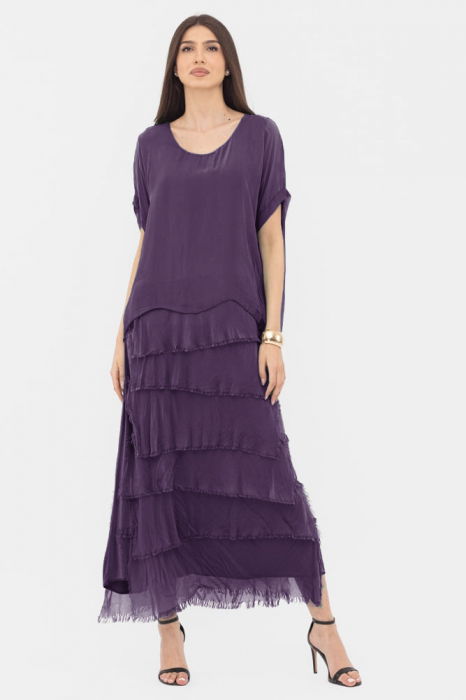 Rochie mov inchis din matase si vascoza cu  volane franjurate suprapuse [2]