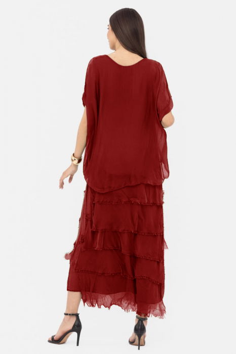 Rochie bordo din matase si vascoza cu  volane franjurate suprapuse [3]