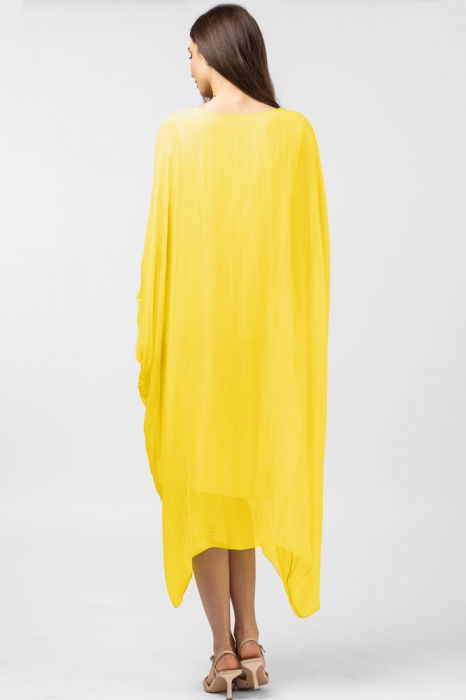 Rochie galben intens in colturi, lunga, ampla, din matase si vascoza, cu detaliu sub bust [3]