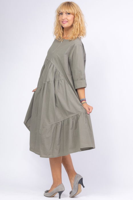 Rochie gri oversize, cu maneca scurta, cu trei volane asimetrice, din poplin satinat [2]