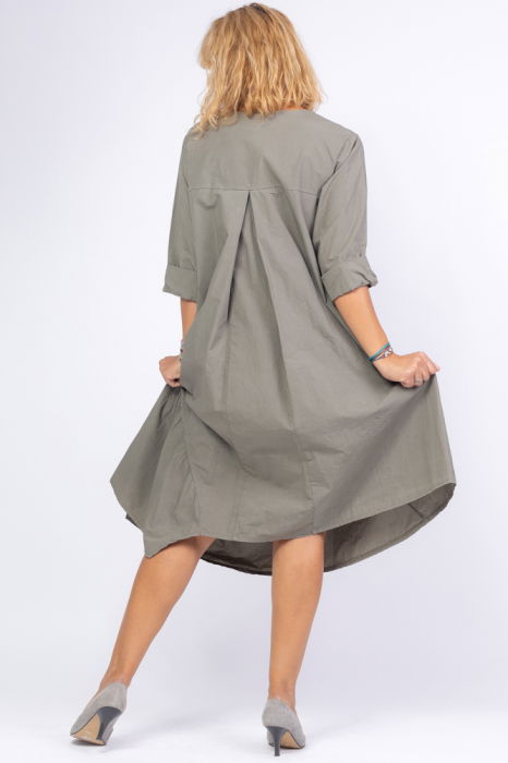 Rochie gri oversize, cu maneca scurta, cu trei volane asimetrice, din poplin satinat [3]