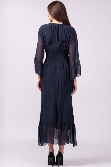 Rochie bleumarin din matase si vascoza cu banda elastica in talie si volane [5]