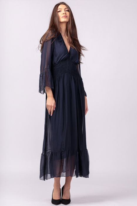 Rochie bleumarin din matase si vascoza cu banda elastica in talie si volane [3]