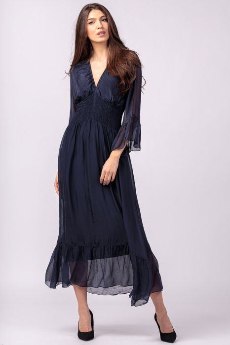 Rochie bleumarin din matase si vascoza cu banda elastica in talie si volane [2]