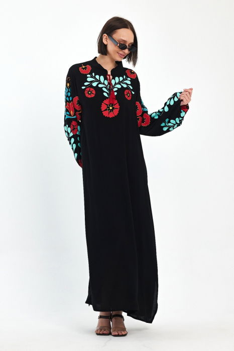 Rochie neagra A-line cu imprimeu cauciucat flori rosii , din vascoza [3]