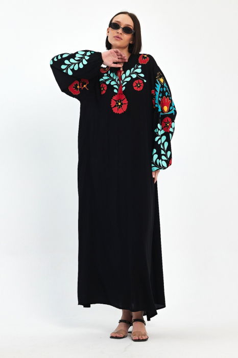 Rochie neagra A-line cu imprimeu cauciucat flori rosii , din vascoza [5]