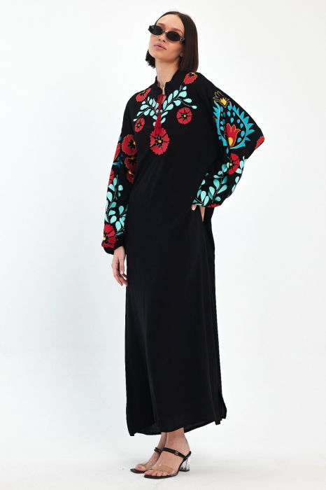 Rochie neagra A-line cu imprimeu cauciucat flori rosii , din vascoza [6]