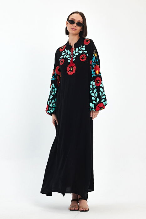 Rochie neagra A-line cu imprimeu cauciucat flori rosii , din vascoza [2]