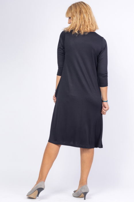 Rochie neagra `A line` midi, cu imprimeu floare picturala [3]