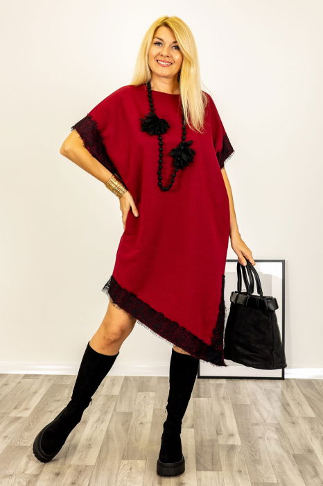 Rochie bordo asimetrica midi cu dantela si maneca scurta [3]