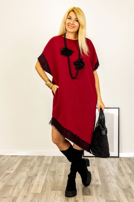 Rochie bordo asimetrica midi cu dantela si maneca scurta [4]