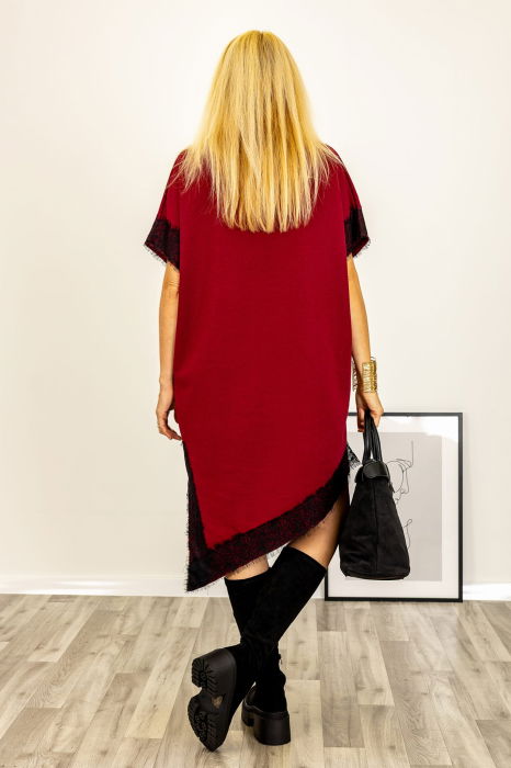 Rochie bordo asimetrica midi cu dantela si maneca scurta [2]