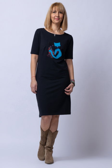 Rochie din tricot de bumbac neagra cu doua pisici aplicate pe piept [1]