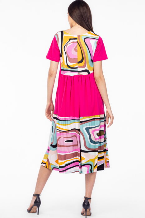 Rochie fucsia cu platca si doua volane, imprimeu dungi, din bumbac [3]